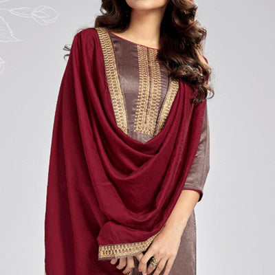 Brown Casual Wear Embroidered Sanaya Silk Dress Material