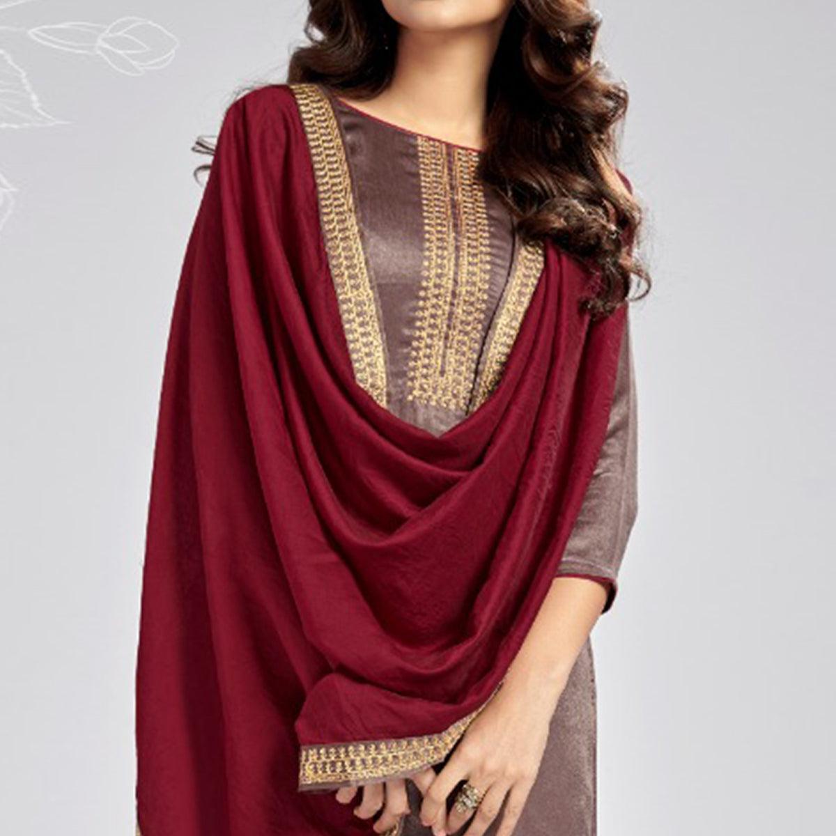 Brown Casual Wear Embroidered Sanaya Silk Dress Material