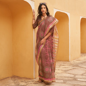 Brown Casual Wear Fancy Printed Linen Saree