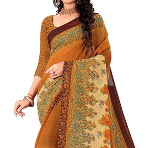Brown Casual Wear Floral Digital Printed Heavy Georgette Saree