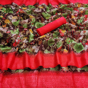 Brown Casual Wear Floral Digital Printed linen Saree