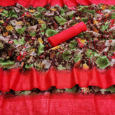 Brown Casual Wear Floral Digital Printed linen Saree