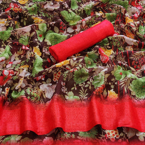 Brown Casual Wear Floral Digital Printed linen Saree