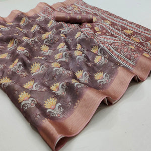 Brown Casual Wear Floral Digital Printed Silk Saree With Jacquard Border