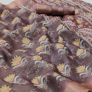 Brown Casual Wear Floral Digital Printed Silk Saree With Jacquard Border
