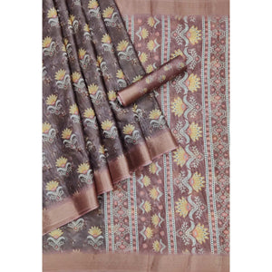 Brown Casual Wear Floral Digital Printed Silk Saree With Jacquard Border