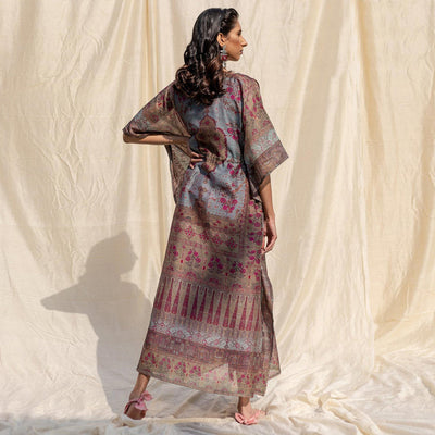Brown Casual Wear Floral Digtial Printed Silk Kaftan Kurti