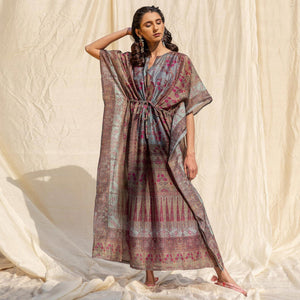 Brown Casual Wear Floral Digtial Printed Silk Kaftan Kurti