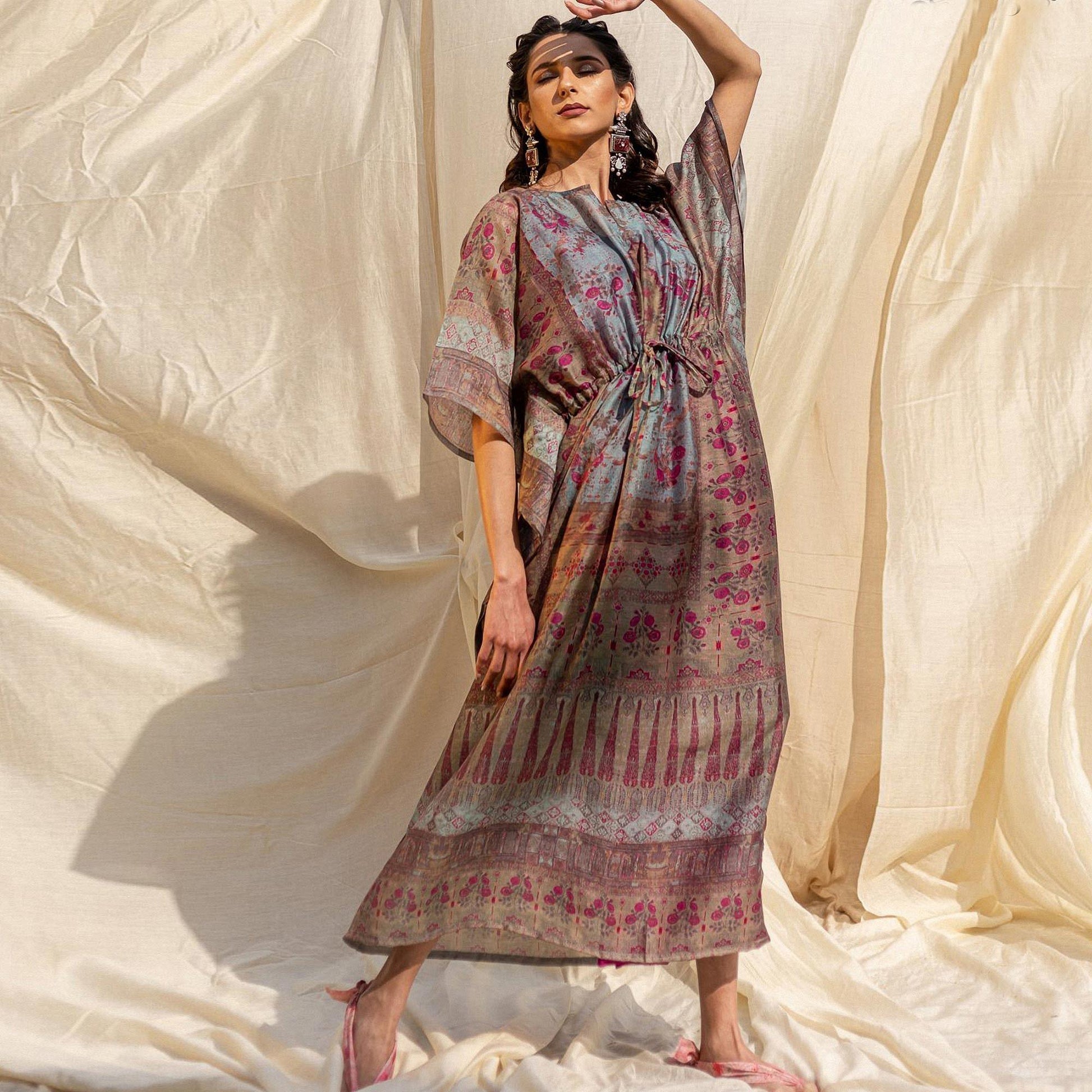 Brown Casual Wear Floral Digtial Printed Silk Kaftan Kurti