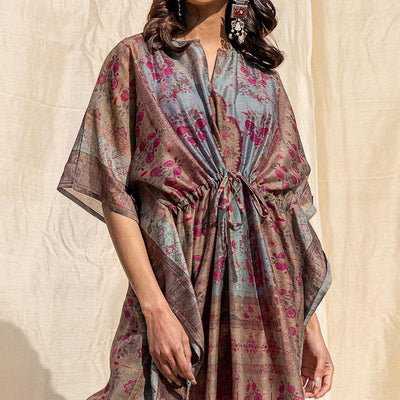 Brown Casual Wear Floral Digtial Printed Silk Kaftan Kurti