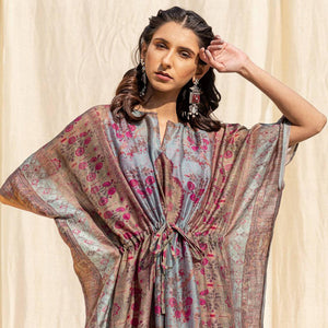 Brown Casual Wear Floral Digtial Printed Silk Kaftan Kurti