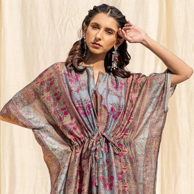 Brown Casual Wear Floral Digtial Printed Silk Kaftan Kurti
