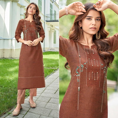 Brown Casual Wear Floral Embroidered Cotton Kurti Pant Set