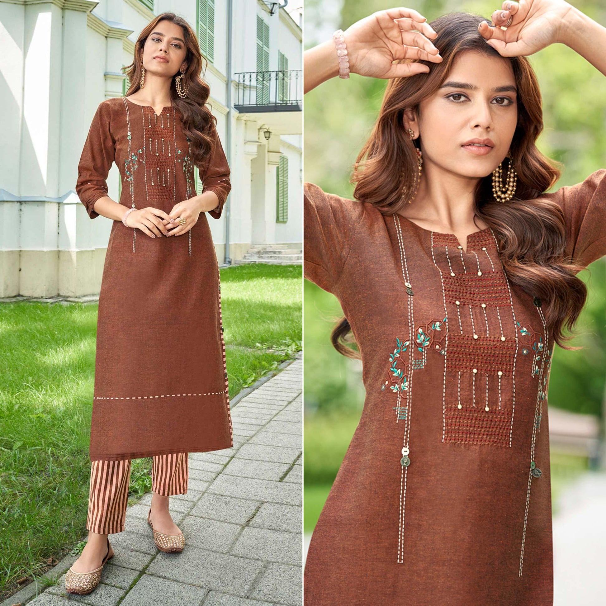 Brown Casual Wear Floral Embroidered Cotton Kurti Pant Set