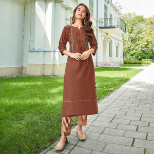 Brown Casual Wear Floral Embroidered Cotton Kurti Pant Set