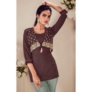 Brown Casual Wear Floral Embroidered Rayon Top