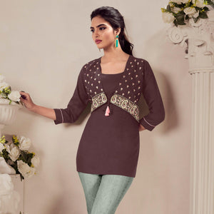 Brown Casual Wear Floral Embroidered Rayon Top