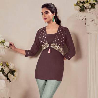 Brown Casual Wear Floral Embroidered Rayon Top