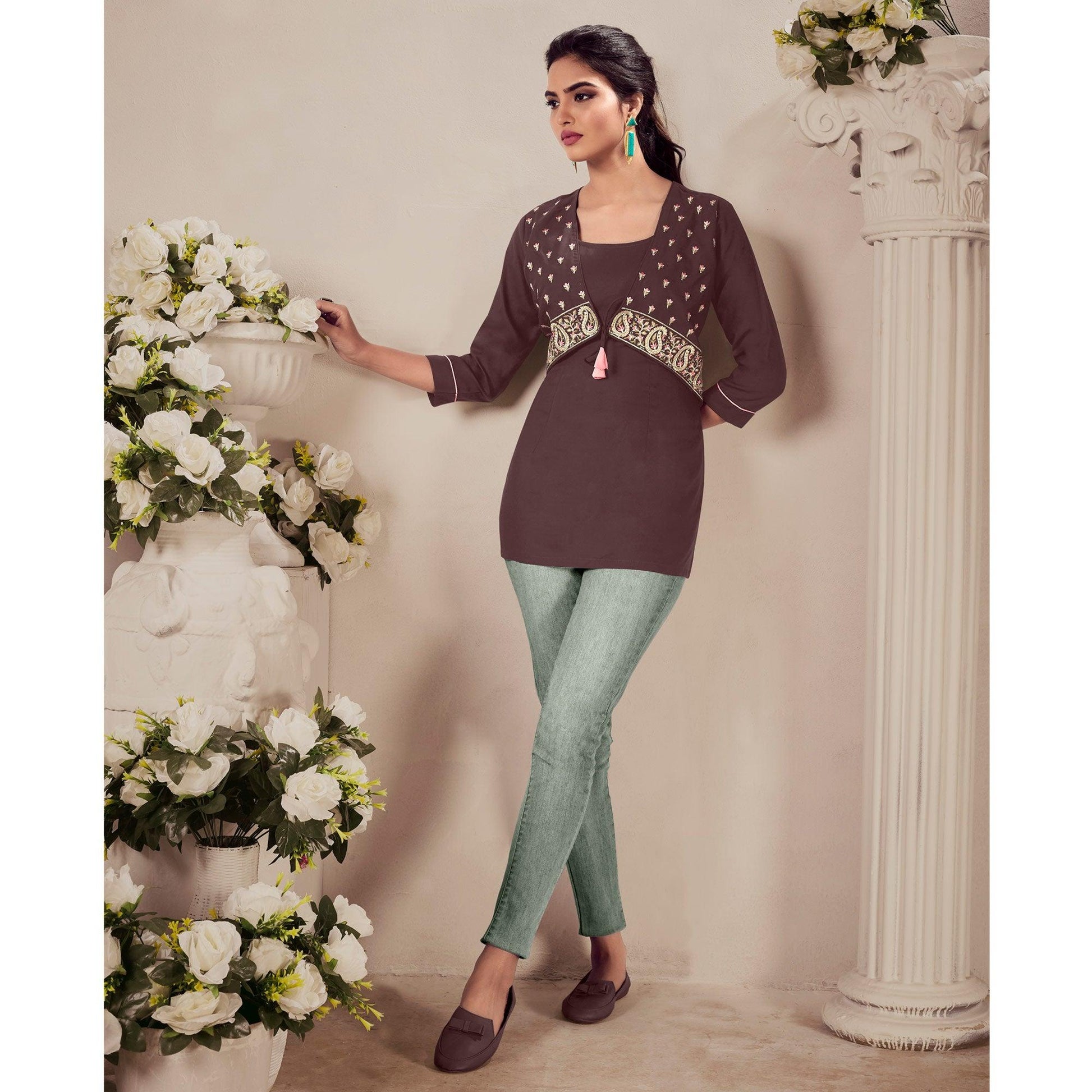 Brown Casual Wear Floral Embroidered Rayon Top