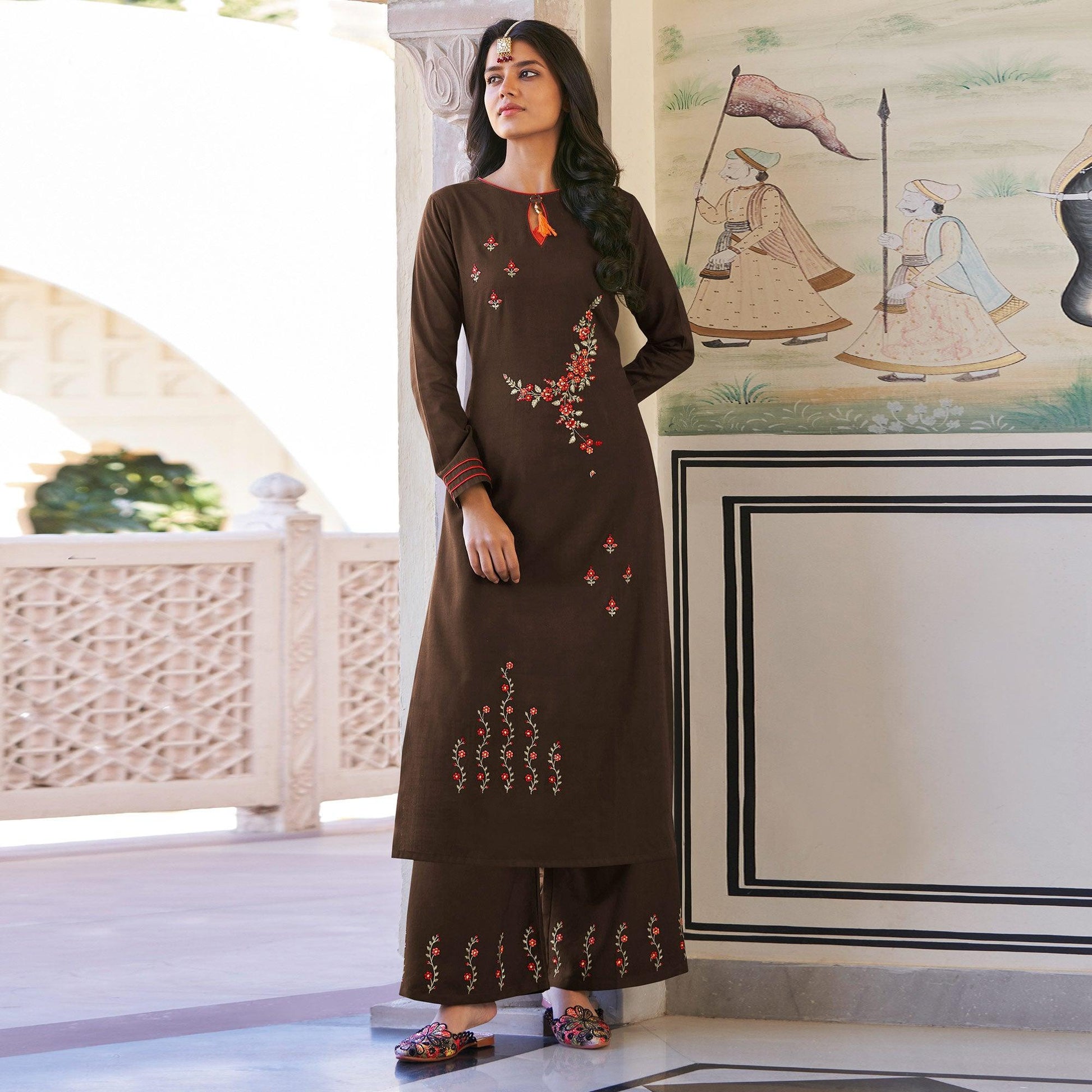 Brown Casual Wear Floral Embroidered Silk Two Tone Palazzo Suit