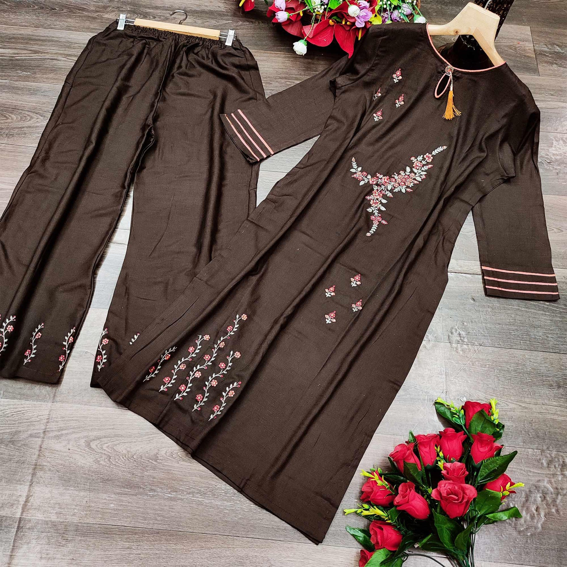 Brown Casual Wear Floral Embroidered Silk Two Tone Palazzo Suit