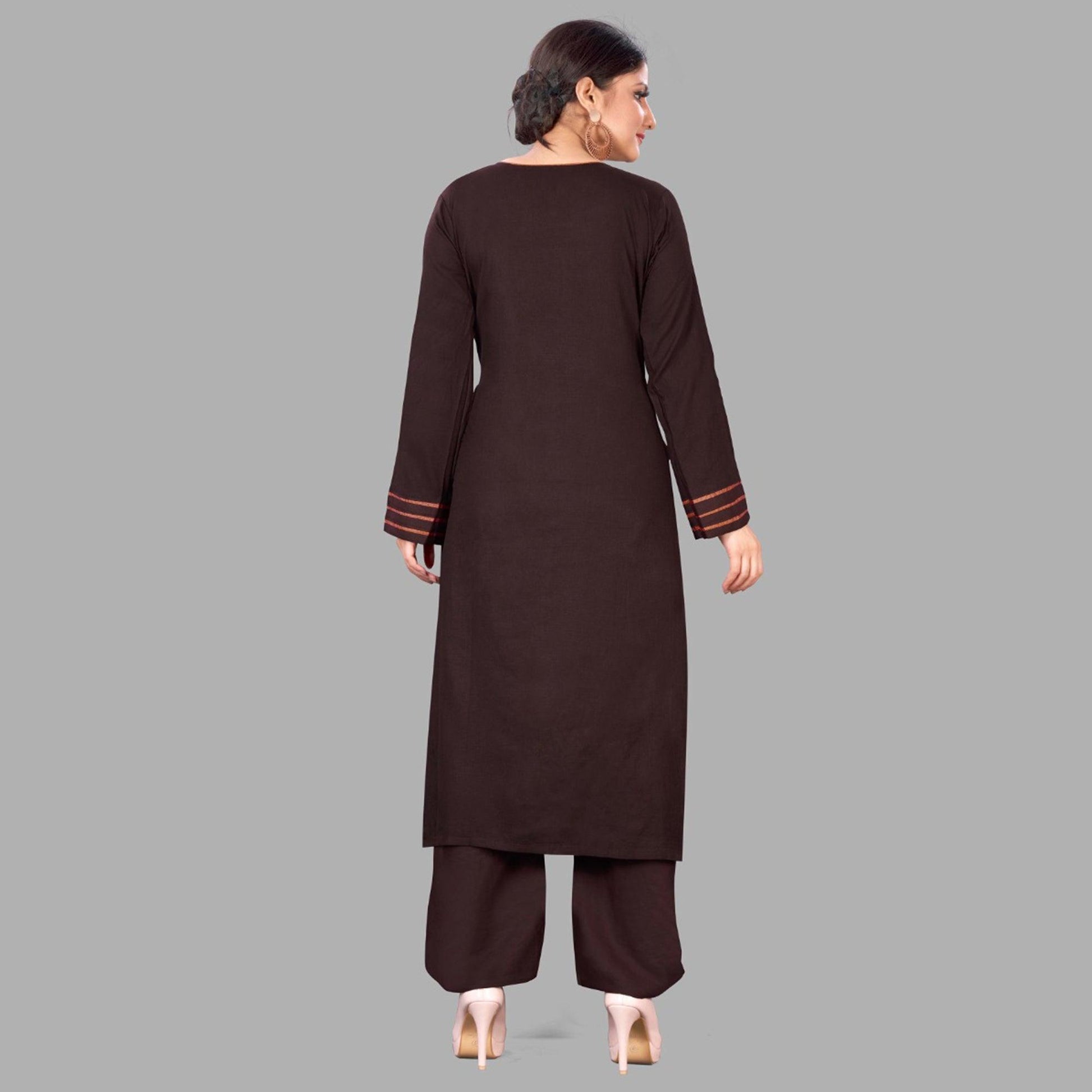 Brown Casual Wear Floral Embroidered Silk Two Tone Palazzo Suit