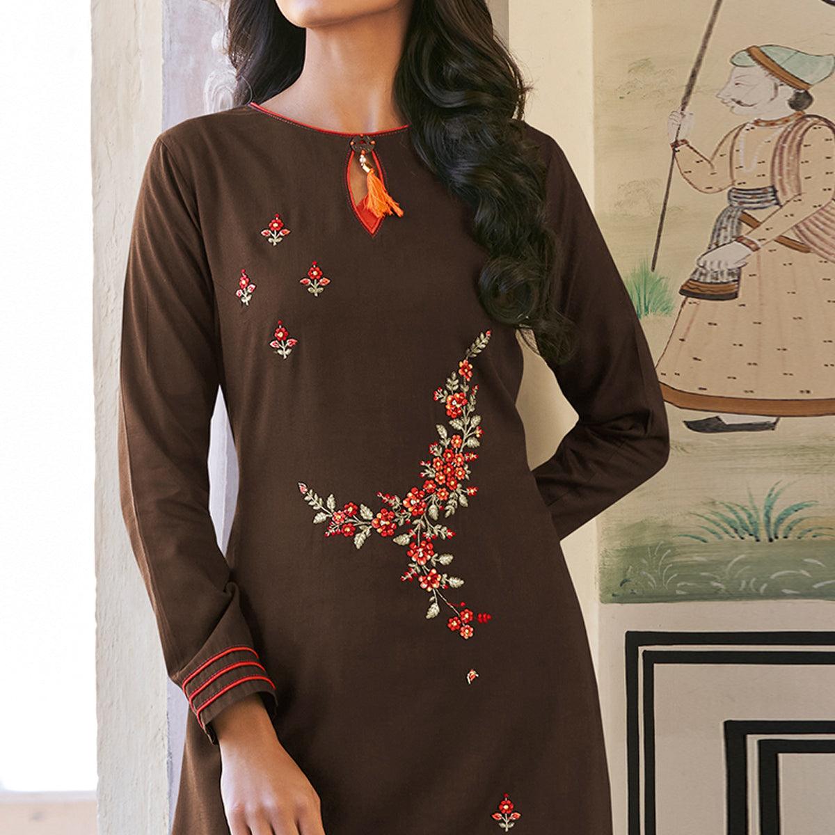 Brown Casual Wear Floral Embroidered Silk Two Tone Palazzo Suit