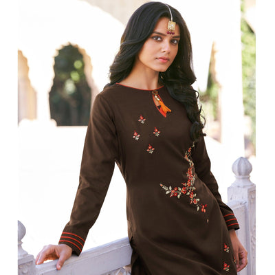 Brown Casual Wear Floral Embroidered Silk Two Tone Palazzo Suit