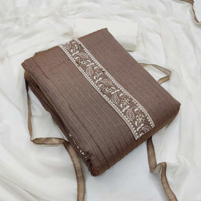 Brown Casual Wear Floral Embroidery Cotton Dress Material