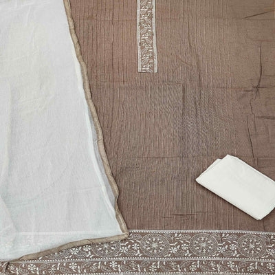 Brown Casual Wear Floral Embroidery Cotton Dress Material