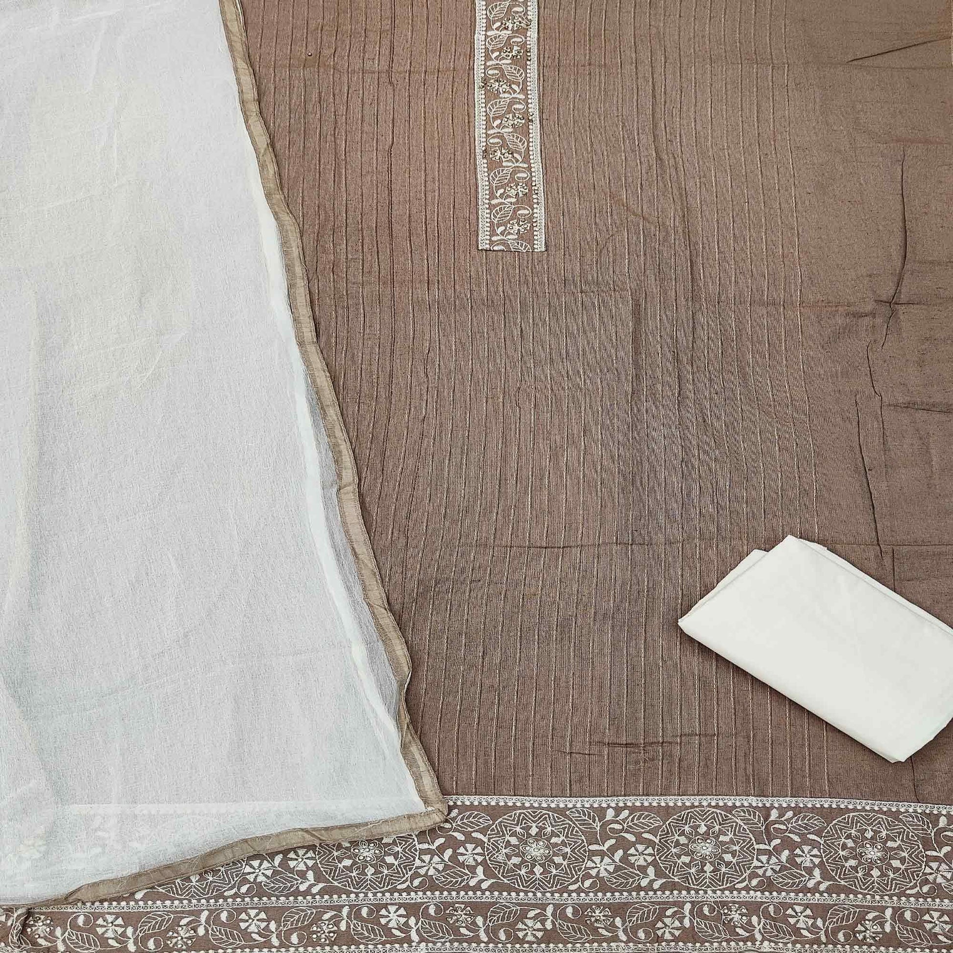 Brown Casual Wear Floral Embroidery Cotton Dress Material