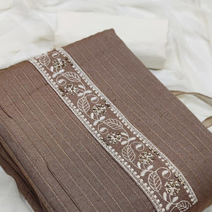Brown Casual Wear Floral Embroidery Cotton Dress Material