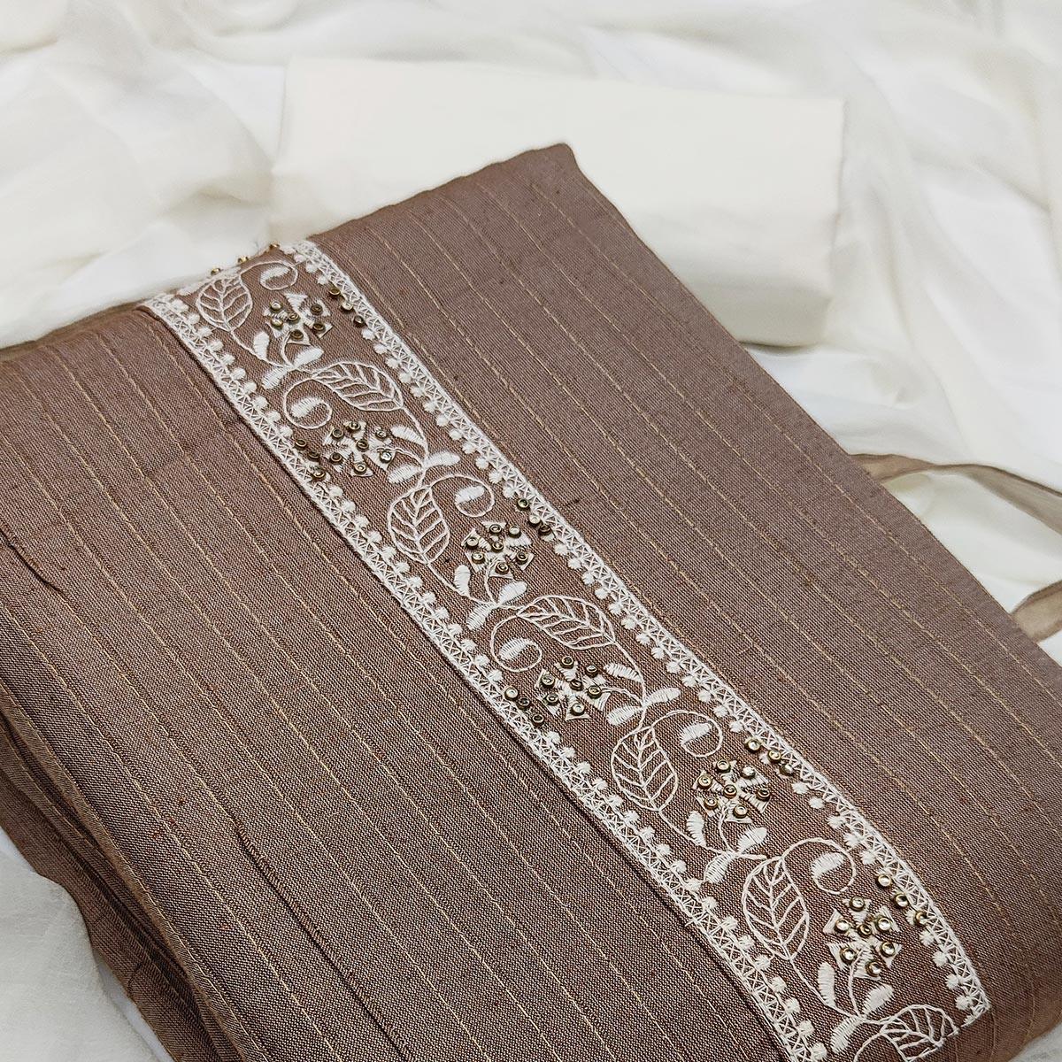 Brown Casual Wear Floral Embroidery Cotton Dress Material