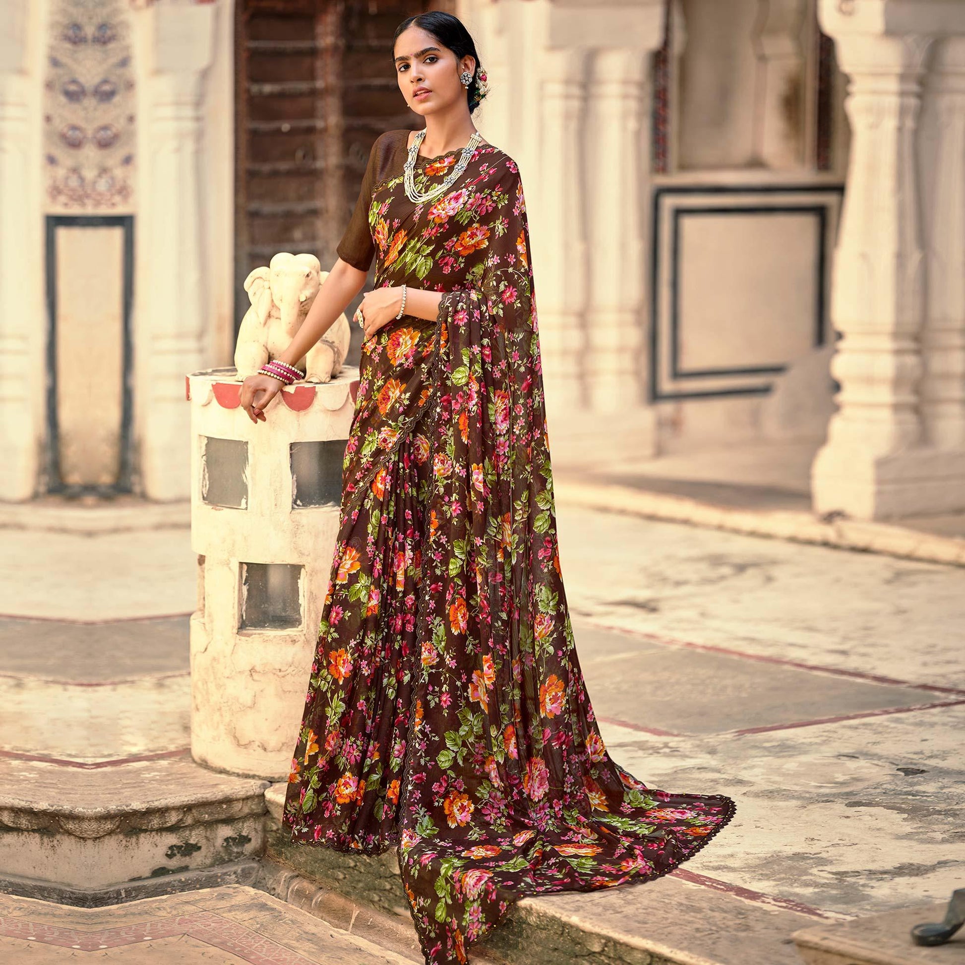 Brown Casual Wear Floral Printed Alfino Saree With Fancy Diamond Lace