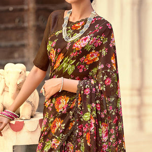 Brown Casual Wear Floral Printed Alfino Saree With Fancy Diamond Lace