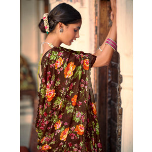 Brown Casual Wear Floral Printed Alfino Saree With Fancy Diamond Lace