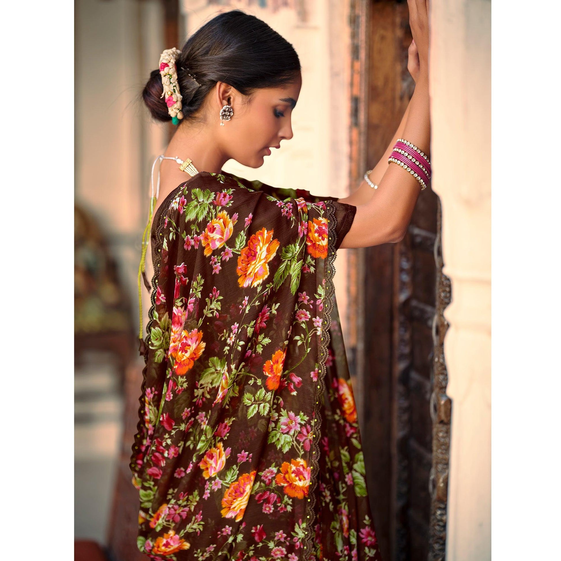 Brown Casual Wear Floral Printed Alfino Saree With Fancy Diamond Lace