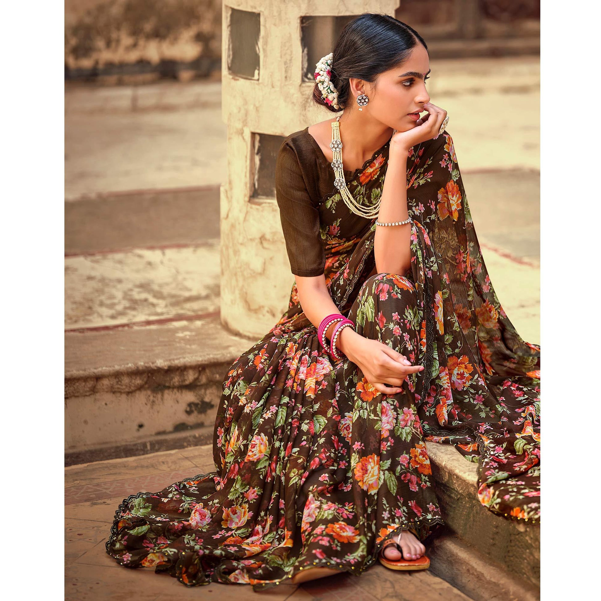 Brown Casual Wear Floral Printed Alfino Saree With Fancy Diamond Lace