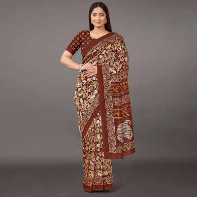 Brown Casual Wear Floral Printed Art Silk Saree