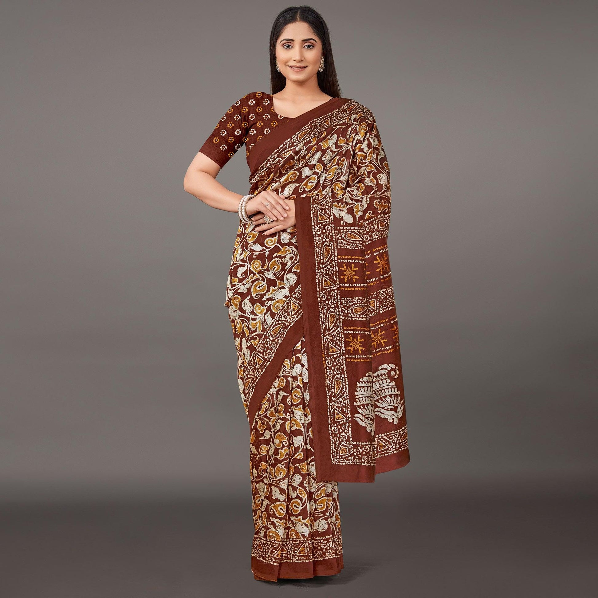 Brown Casual Wear Floral Printed Art Silk Saree
