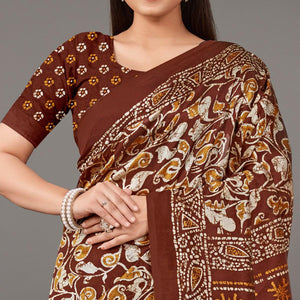 Brown Casual Wear Floral Printed Art Silk Saree