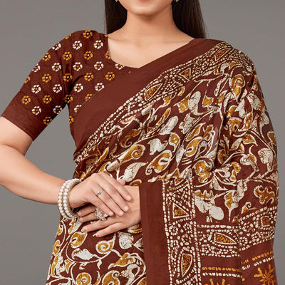 Brown Casual Wear Floral Printed Art Silk Saree