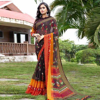 Brown Casual Wear Floral Printed Chiffon Saree