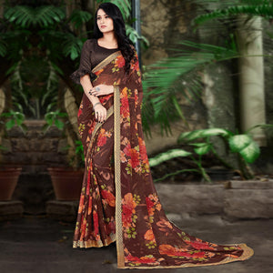 Brown Casual Wear Floral Printed Chiffon Saree