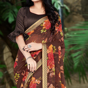 Brown Casual Wear Floral Printed Chiffon Saree
