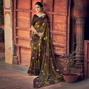 Brown Casual Wear Floral Printed Chiffon Saree With Fancy Blouse