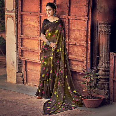 Brown Casual Wear Floral Printed Chiffon Saree With Fancy Blouse
