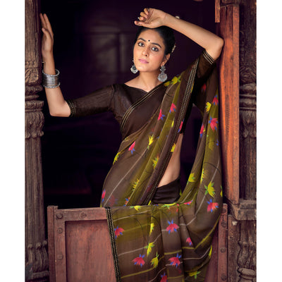 Brown Casual Wear Floral Printed Chiffon Saree With Fancy Blouse