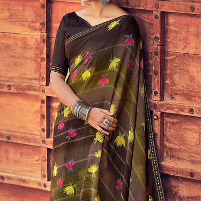 Brown Casual Wear Floral Printed Chiffon Saree With Fancy Blouse