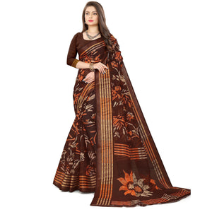 Brown Casual Wear Floral Printed Cotton Linen Saree